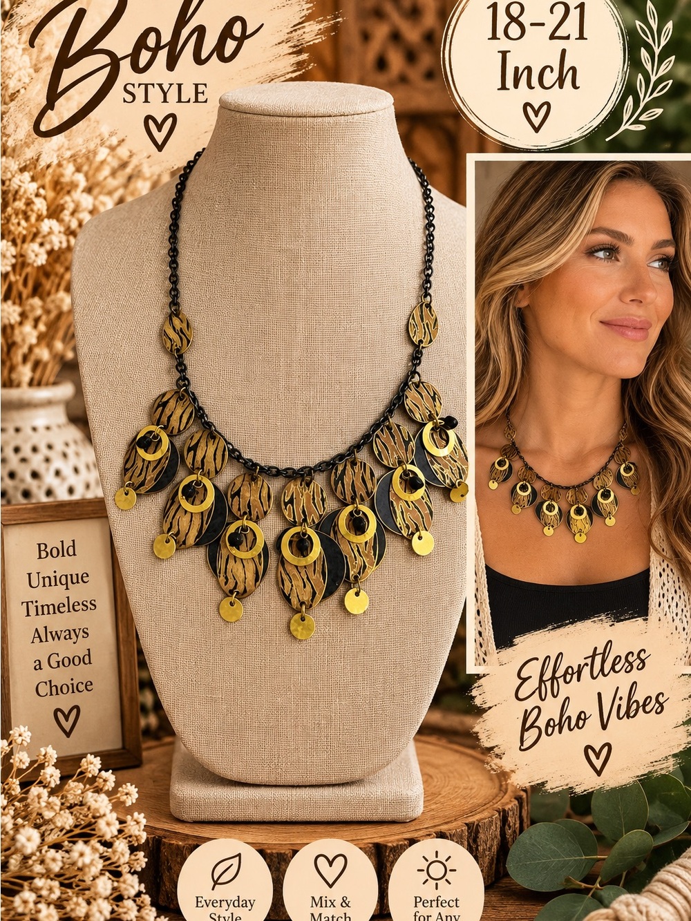 731 Boho Tiger-Print Pendant Necklace in Gold and Black